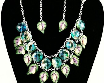 Bib Necklace. Polymer Clay Necklace. Handmade Jewelry Set: Bib necklace and Dangle Earrings. Gift for Her