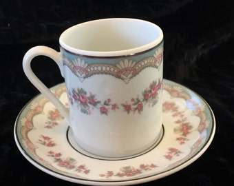 Leart, Brazil Demitasse Cup and Saucer Pink and Blue floral print with Gold trim 1950s