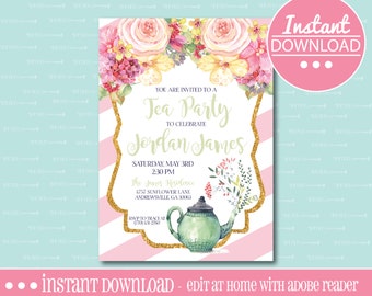 Tea Party Birthday Invitation - Pink - EDITABLE - INSTANT DOWNLOAD - Editable File - Customize - Edit Yourself with Adobe Reader-Printable
