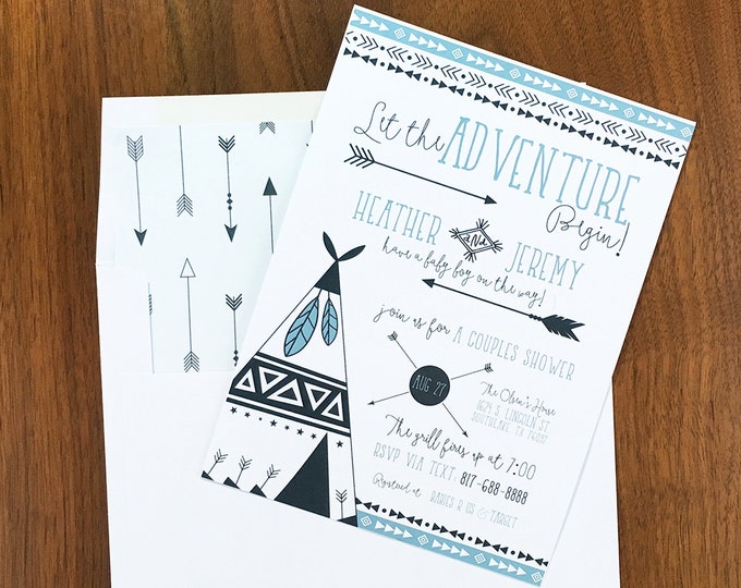 Adventure Baby Shower Invitation - Adventure Awaits - Couples Shower Invites - Teepee - Arrows - Boho - Baby Boy Shower Invites - Printed