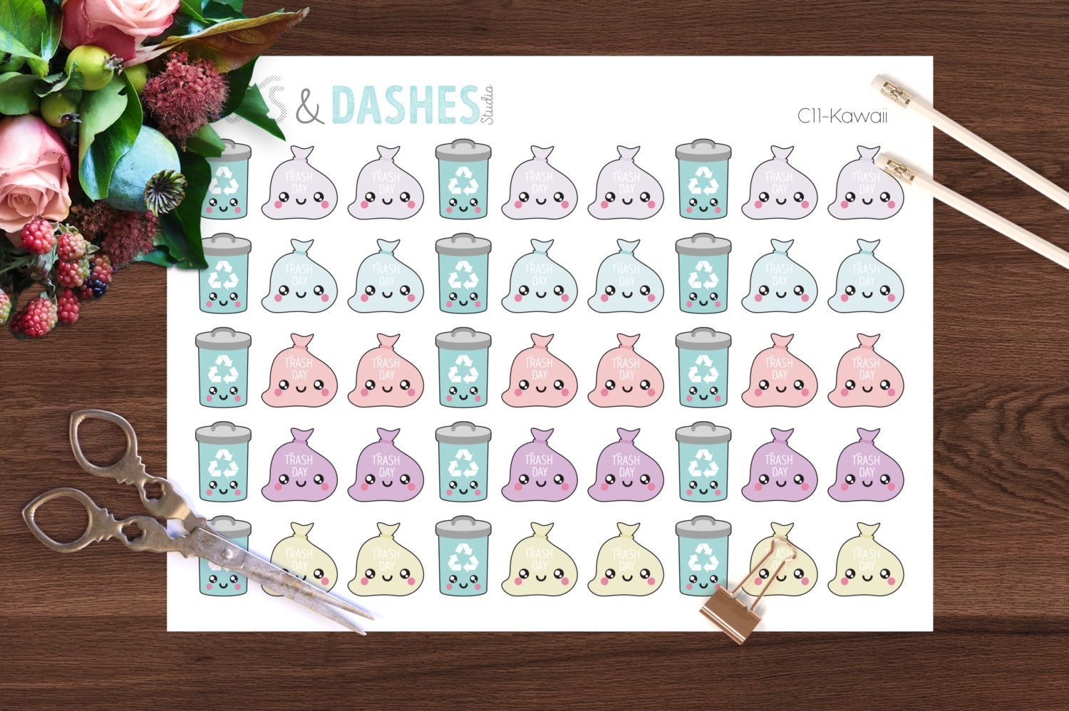 C11 Kawaii trash cans, trash bag stickers, kawaii recycling, recycling