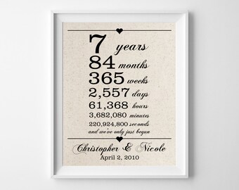 7 years together - Cotton Gift Print | 7th Anniversary Gifts | 7 Year Anniversary Gift for Husband Wife | Weeks Days Hours Minutes Seconds