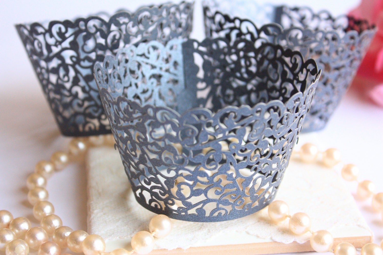 Black Lace Filigree Cupcake Wrappers for MINI or Standard