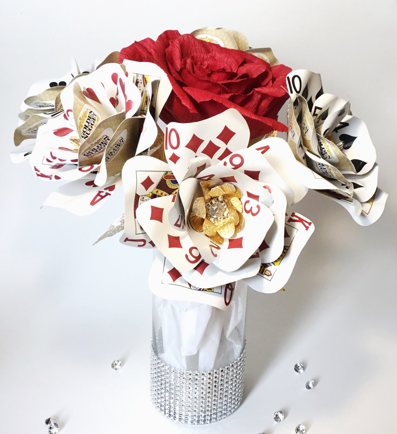 Playing Card Flowers Gold Bling Casino Party Vegas