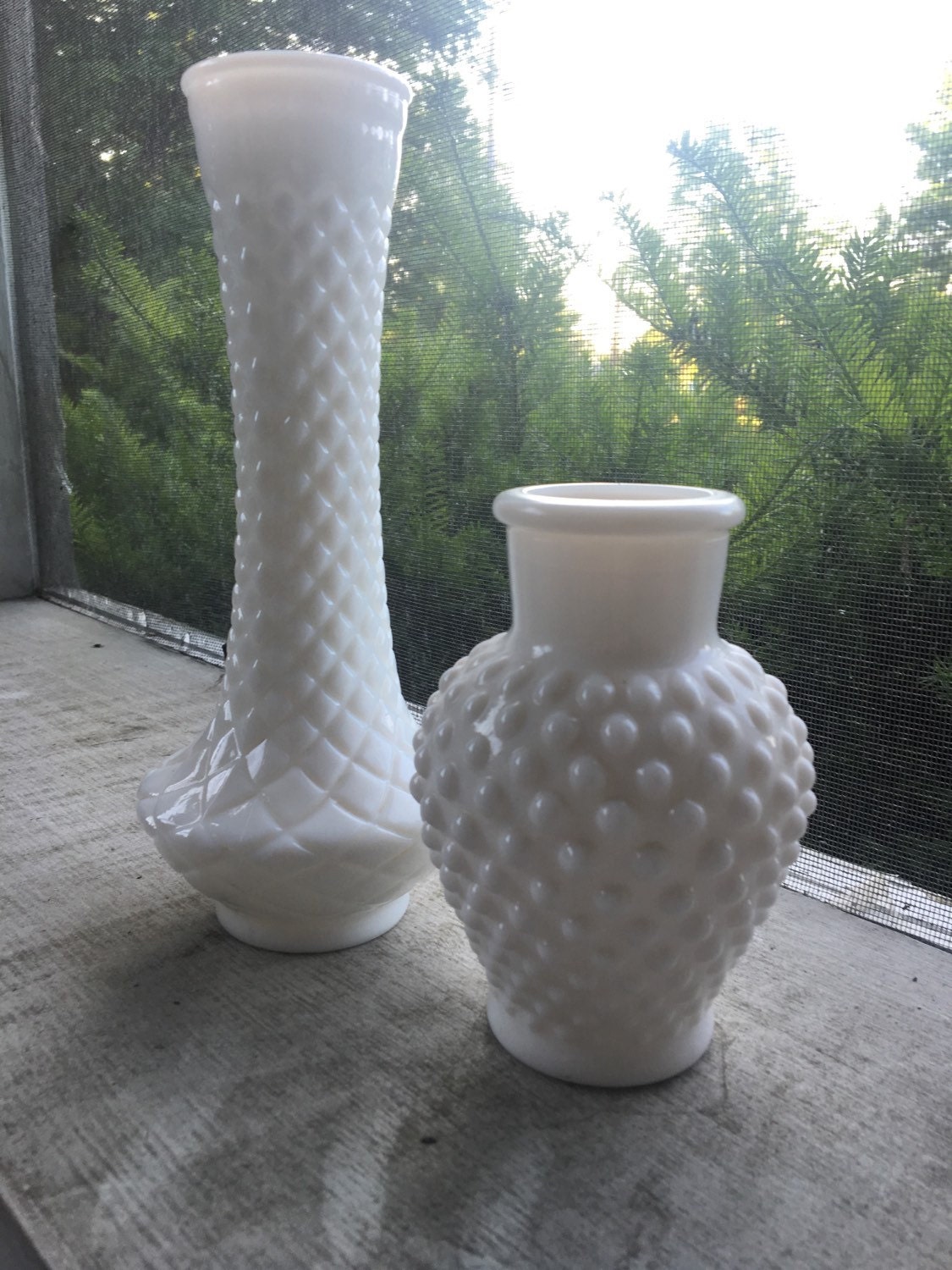 Vintage Hobnail Milk Glass Vase Set of 2 White Milk Glass