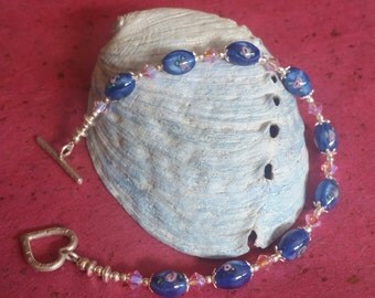 Blue and Pink Lampwork Rose Bracelet