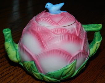 Collectible~Avon~Little or Mini~Decorated Teapot~Peony~w/ Green Leaves as The Spout & The Handle~With a Little Blue Bird On Top