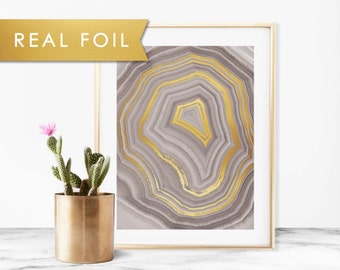Gray Geode Art Print with Real Gold Foil