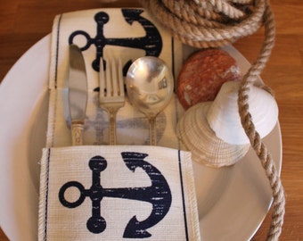 Nautical (Anchor) Flatware/Silverware Fabric Utensil Holder (Set of 4)