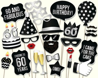 60th birthday photo booth props: printable PDF. Black and silver Sixtieth birthday party supplies. Instant download Mustache, lips, glasses