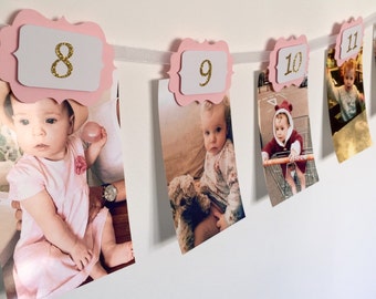 12 Months Photo Banner. First Birthday Banner. Pink and Gold Glitter Birthday. Boy and girl.