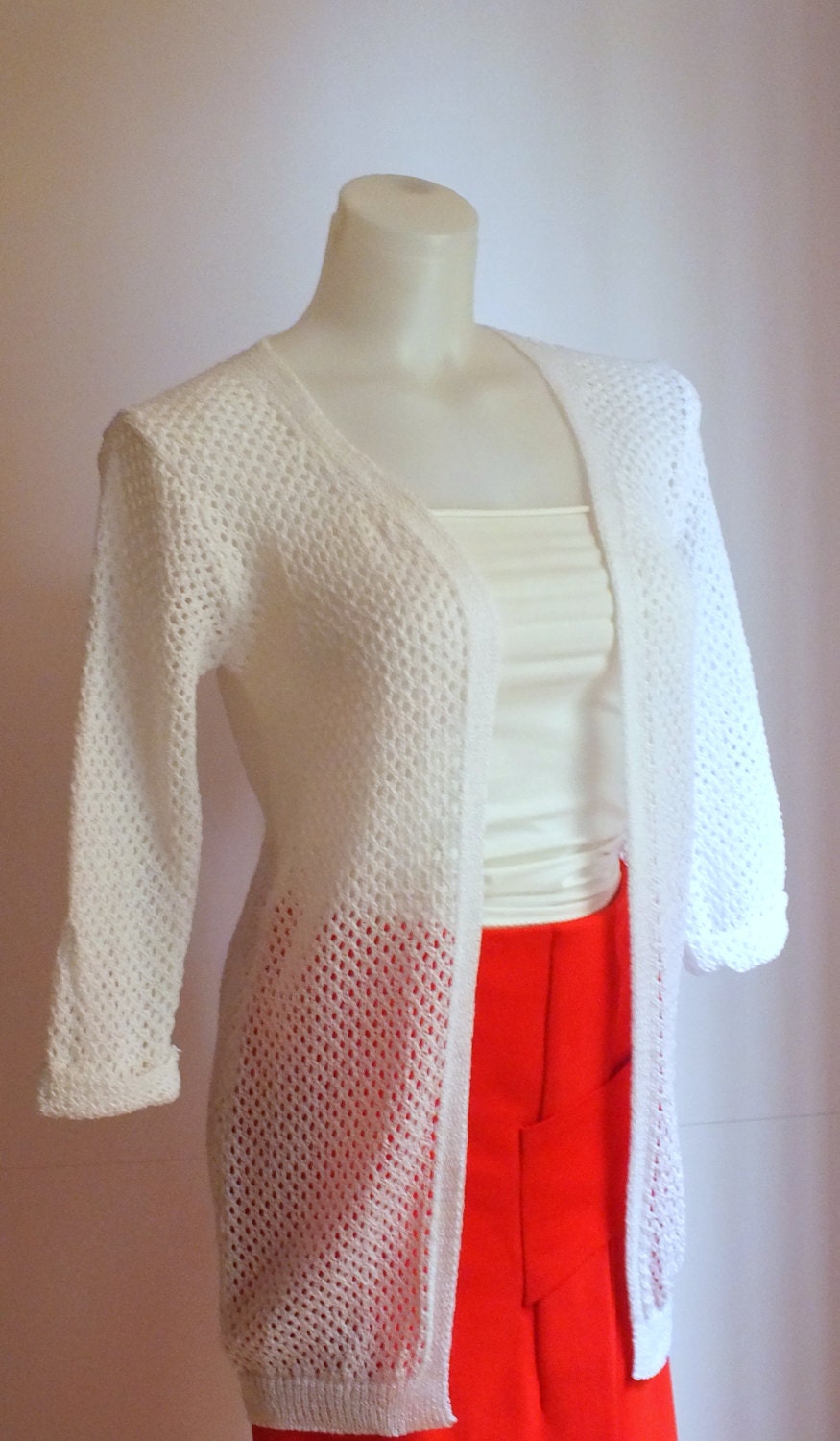 White crochet cardigan Hand knit sweater Womens cardigan Open