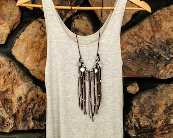 Boho Deerskin Leather Fringe Necklace, Statement Necklace, Native, long necklace, handmade, gifts for her, antique silver