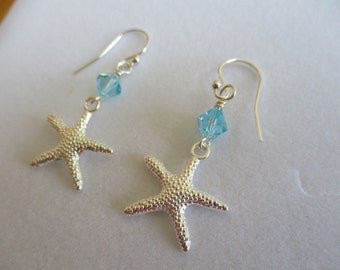 starfish ocean earrings, silver starfish beach earrings, crystal starfish earrings, nautical earrings, beach wedding bridesmaids gift