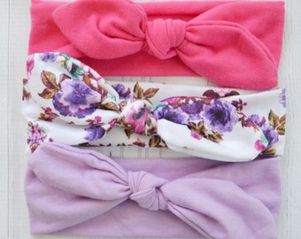 Set Of 3 Top Knot Head wrap, Pink/purple Jersey Knit infant headband, baby headband, newborn photo prop, toddler headband, knotted headwrap