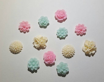 Pink, mint, and cream floral cabochon set (12 pieces, assorted sizes)