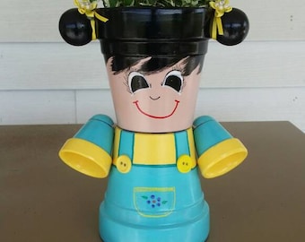 Items similar to Ladybug flower pot person, clay painted pot, planter ...