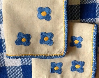 Small Cotton Napkins with Royal Blue & Yellow Embroidered Flowers and Border - Set of 6 - Afternoon Tea