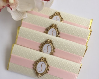 baptism chocolate bar favors, custom chocolate bar wrappers, Candy bar wrappers, pink and gold baptism favors, pink and gold wedding favors