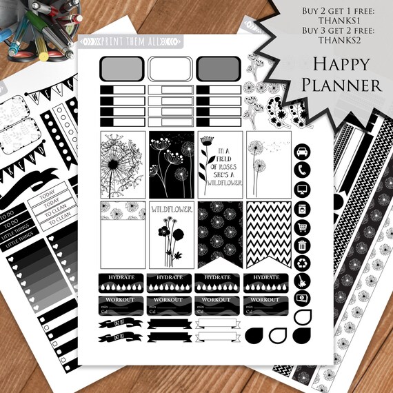 black white planner stickers printable wildflower happy