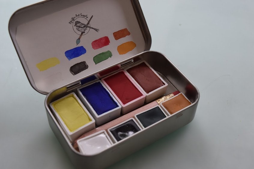Watercolor paint handmade tin kit 4 WHOLE pans and 4 HALF