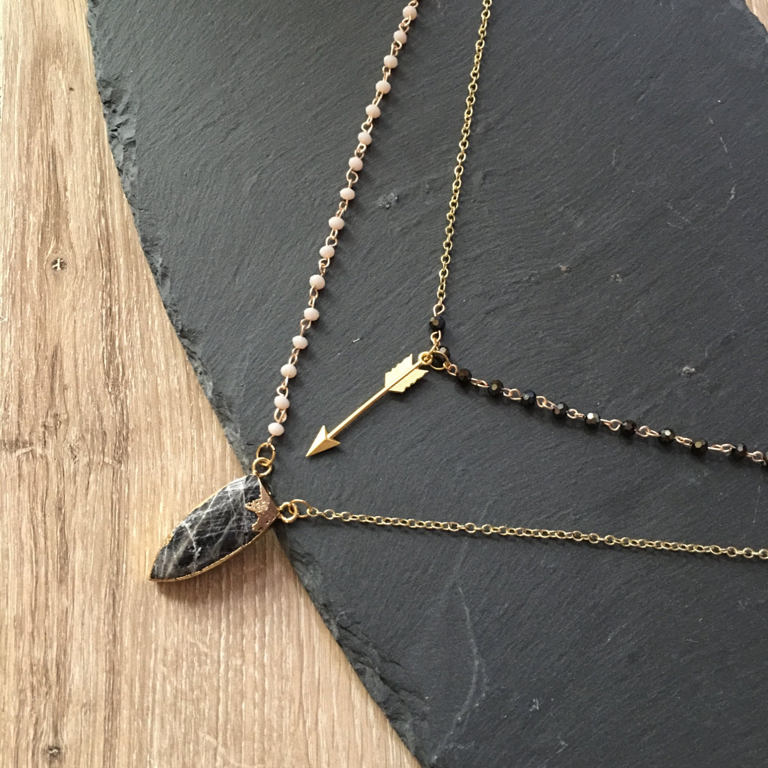 Long Multi Strand Necklace with Crystal Beads and Arrow and