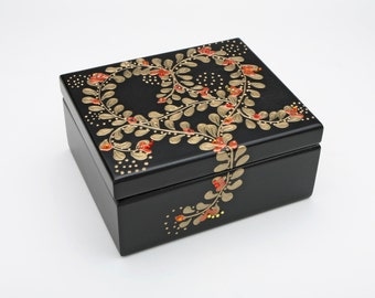 Black Wooden Copper Heart Tazo Tea Box Sampler w/ Swarovski Crystals - Teabag Storage, Tea Chest, Includes 44 Tazo Tea Bags