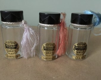 Vintage Set Bottles of Imperial Linens Perfume Tablets. Art Deco Bottles