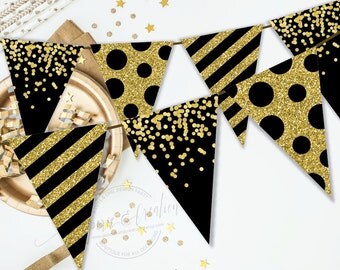 Gold and Black Party Decor - 60th Birthday Decoration - Cheers Banner - Printable - Instant Download