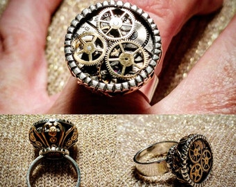 Sterling Silver Steampunk Ring with Vintage Watch movement and Brass Stamping Accents