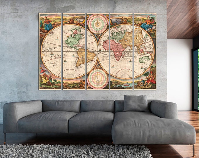 Antique 1720 World Map Poster, Vintage Wall Art, Old Hemisphere Map /1 - 5 Panels on Canvas Wall Art for Home & Office Decoration