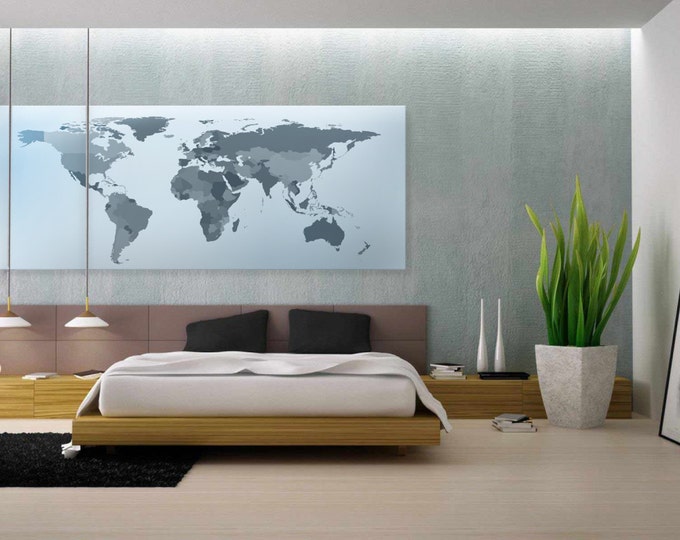 Large grey world map canvas, gray world map, push pin grey world map, push pin wall art, silver map of the world