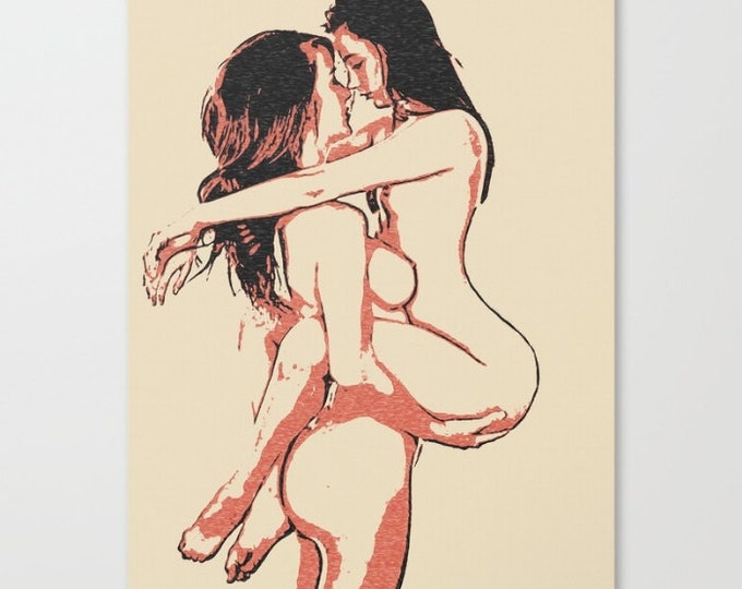 Erotic Art Canvas Print - Girls love to play naughty, unique, sexy conte style drawing, lesbians playing sketch sensual high quality artwork