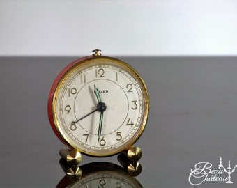 VINTAGE BAYARD French Alarm Clock. Pretty Bedside Clock in Persimmon Red / Pink / Orange and Gold. Mechanical wind up.
