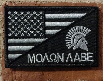 thumbnail interactive-video image 1 of Molon Labe Spartan Subdued USA Flag Patch With Hook Fastener – SP21 1 of 3