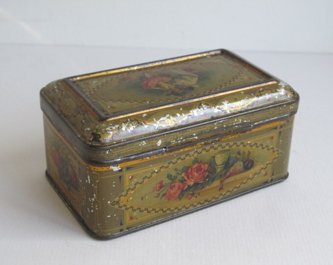 Antique chocolate tin, lithographed box with children in pierrot and dancer costumes, collectible kitchen storage