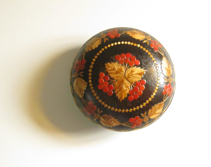 Straw work round box, Autumnal wooden storage box, Orange Red Brown jewelry box, trinket box, keepsake case, hairpin dish