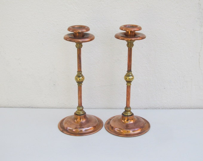Copper candle sticks, mid-century brass and copper candlesticks, arts and crafts vintage candleholders, rustic mantlepiece farmhouse decor
