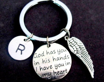Personalized memorial keychain, God has you in His Hands I have You In My Heart, Angel Wing Key Chain, Bereavement Gift, Free Shipping USA