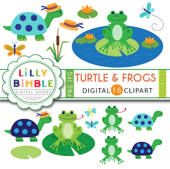 40% off Turtle and Frogs clipart for birthdays, scrapbook, frog pond dressed turtle woodland INSTANT download Il_570xn