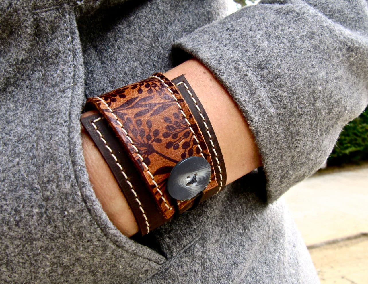 Leather Wrap Bracelet Cuff Florance Print in Brown & Sienna