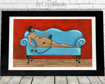 Female Nude Print, Bedroom Boudoir, Full Frontal Nudity, Curvy Women, Home Decor, Gift for Her/Him, Rotary Phone,Colorful Wall Hanging,Shano