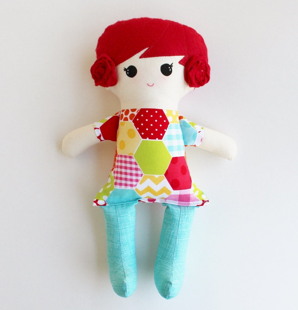 Funky Fabric Doll bright hexies by craftymamacreations on Etsy