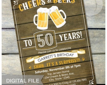 Surprise 50th Birthday Invitation Cheers & Beers Invite Rustic Wood Country Style - Men Women - 5” x 7” Digital Invite