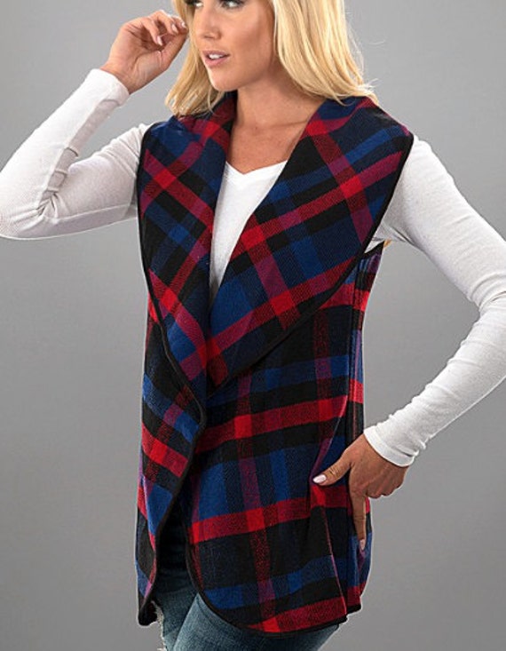 Items similar to Monogrammed plaid vest - red and blue vest - plaid ...