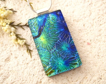 Blue Glass Necklace, Green Blue Necklace, Dichroic Glass Pendant, Fused Glass Jewelry, Dichroic Glass Jewelry, Silver Necklace, 0427016p107