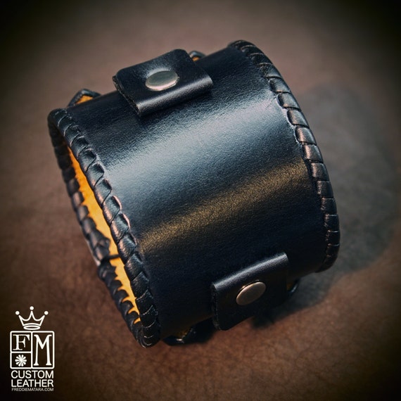 Leather bracelet cuff Black vintage Johnny Depp style watchband whipstitched cuff Best quality Made in NYC for YOU by Freddie Matara