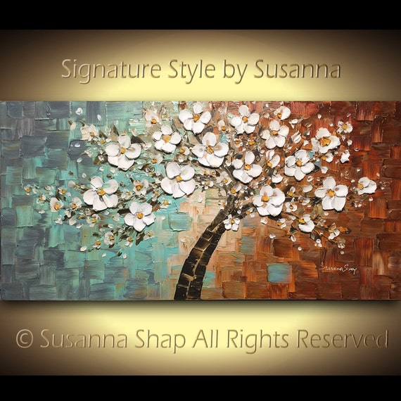 Original Painting Palette Knife Landscape Oil Painting White Flowers Cherry Blossom Tree of Life by Susanna