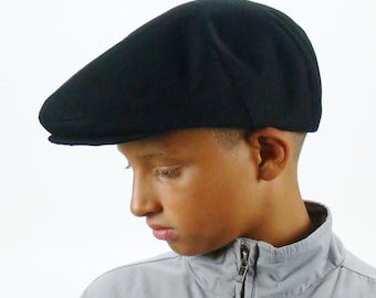 Black Cotton Twill Jeff Cap, Ivy Cap, Driving Cap for Men, Women, and Children