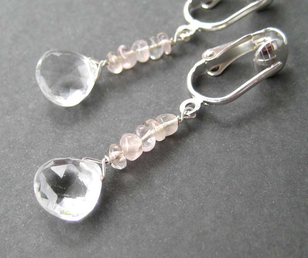 Rose Quartz Clipon Earrings Clear Quartz Faceted Teardrops